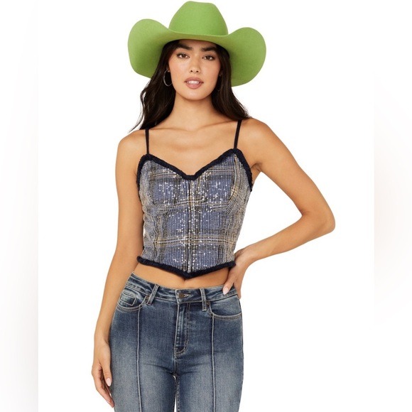 Miss Me Tops - Miss Me Women's Sequins Plaid Print Crop Tank Country Western Y2K Size Medium